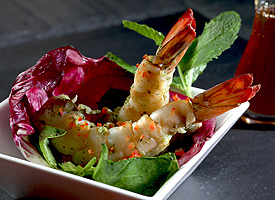 Shrimp Mojito Tapas with Honey Red Pepper Mint Dressing Saladette